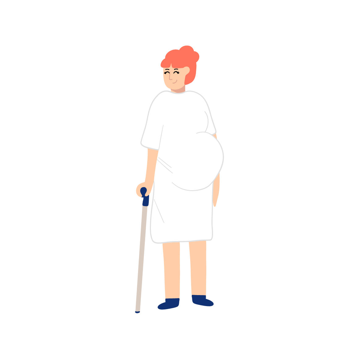 Illustration représentant  une femme portant robe blanche appuyée sur une canne