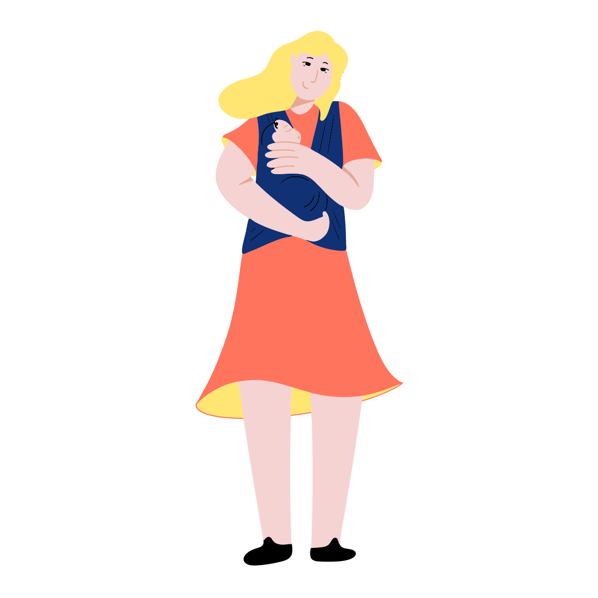 Illustration représentant une femme portant un enfant dans un porte-bébé, symbolisant l'importance du matériel adapté pour les parents.
