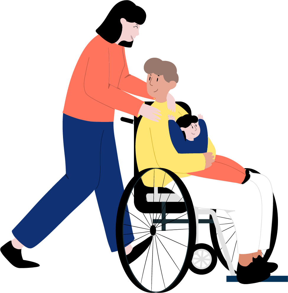 Illustration représentant un père en fauteuil roulant et de son enfant se promenant ensemble.