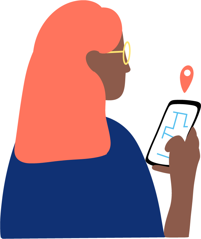 Illustration représentant une femme cherchant une adresse sur son téléphone portable